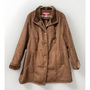 Woman Within Brown Jacket Penny Lane Coat Suede Leather Faux Fur Lined 1X Y2K